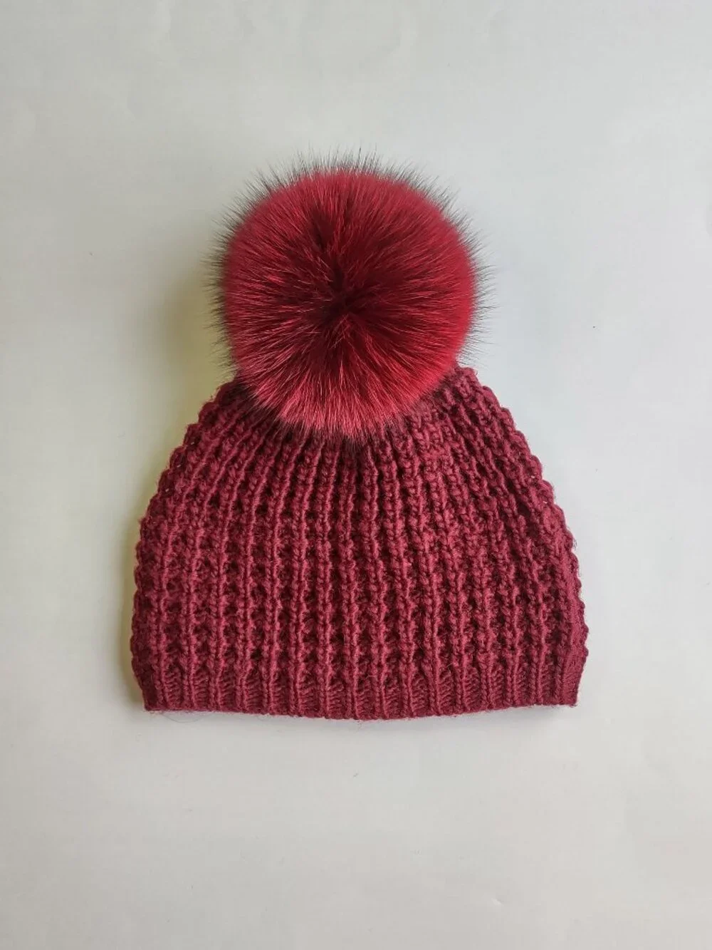 Kyi Kyi Classic Fox Fur Pom Pom Beanie Hat Burgundy